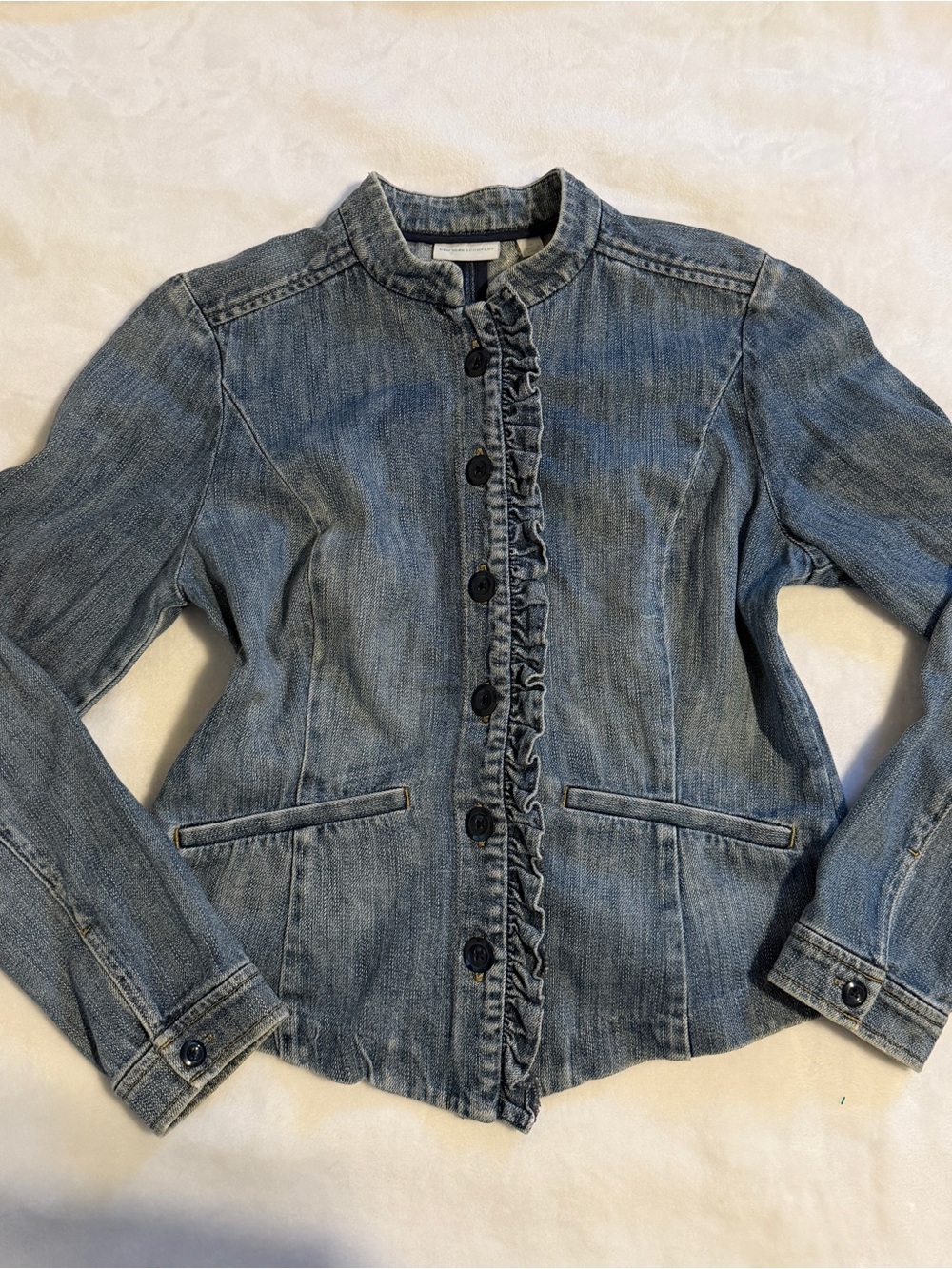 New York & Company Ruffled-Trim Denim Jacket in Blue
